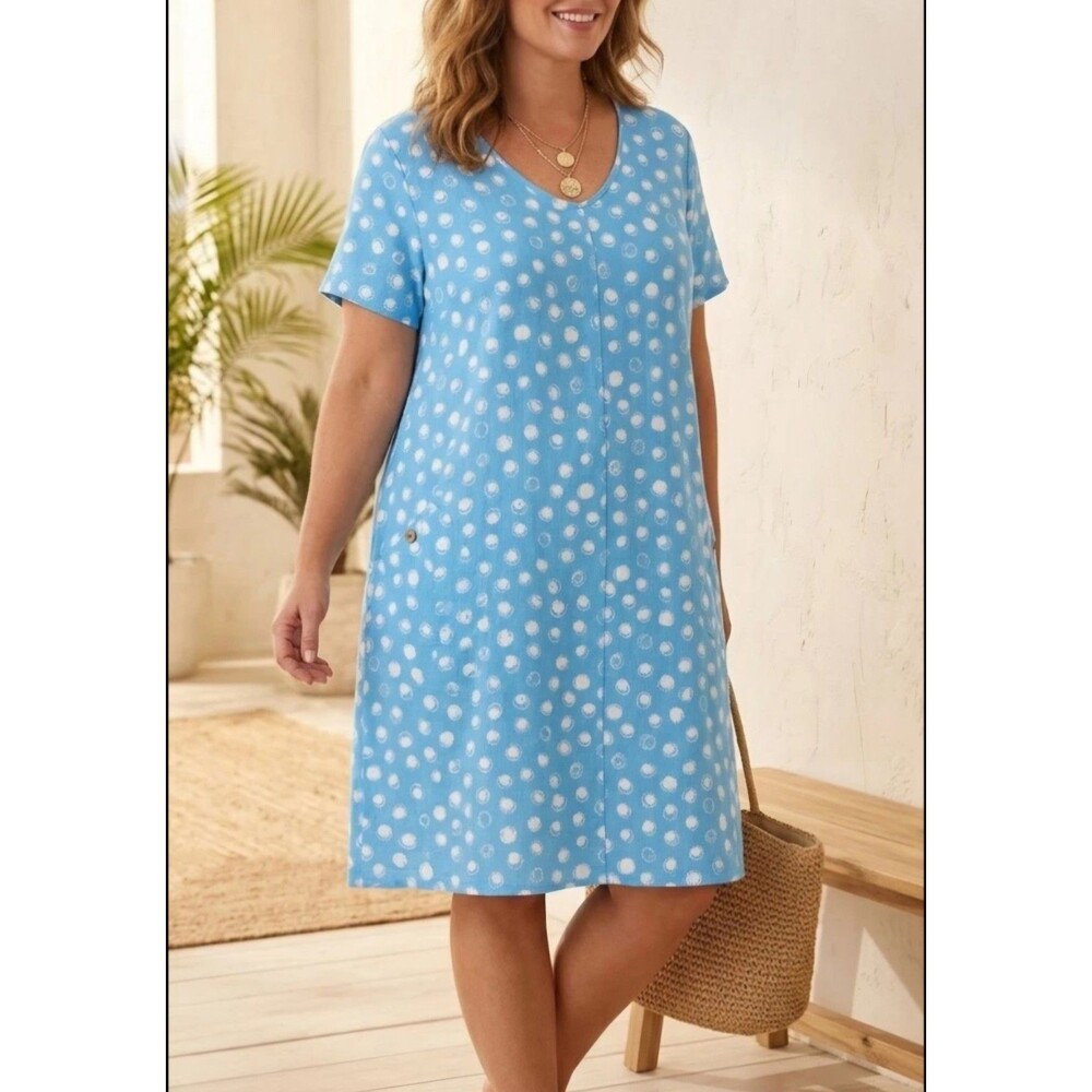 Ali Miles Linen Blend Dress Teal Polka Dots V-Neck Short Sleeve Size Med Artsy